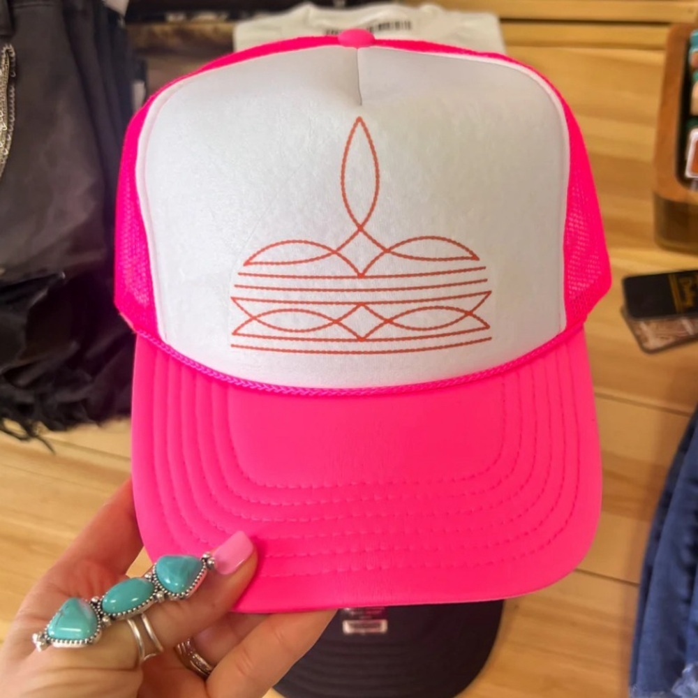 NWT Neon Pink & White Western Boot Stitch Cowgirl Snap Back Trucker Hat Cap - Picture 4 of 5
